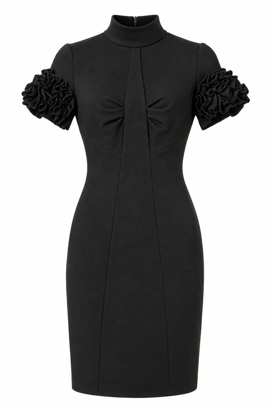 D&G Dolce & Gabbana Black Mock Neck Mini Dress with Ruffled Sleeve Rosettes